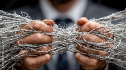A person in a suit strains to break a tangled net held in their hands. Intense struggle