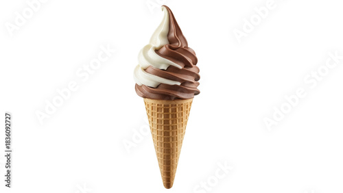 Delicious chocolate and vanilla soft serve ice cream cone isolated PNG, sweet dessert treat on transparent background for summer and food concepts