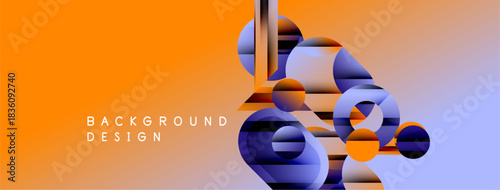 Abstract geometric shapes blend orange, purple hues. Modern design creates dynamic visual texture. Background features layered cylinders, rectangles.
