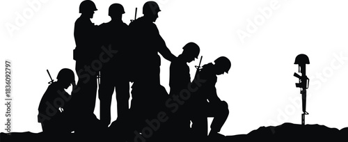 Soldier memorial silhouette honoring fallen military comrades kneeling battlefield remembrance tribute cross rifle helmet ceremony respect army illustration