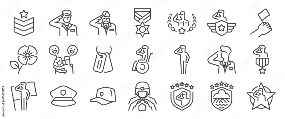 Fototapeta premium Veteran Day icon set. It includes soldier, military, honorary, honor, salute, and more icons. Editable Vector Stroke.