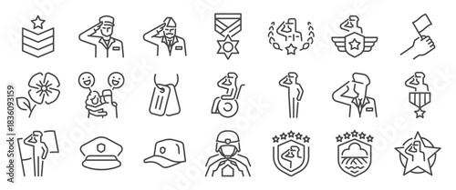 Veteran Day icon set. It includes soldier, military, honorary, honor, salute, and more icons. Editable Vector Stroke.