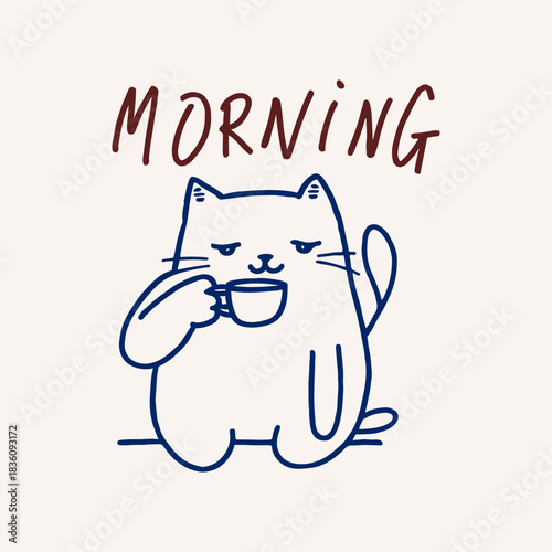 Cute Cat Drinks Coffee Hand Drawn Sketch Vector Illustration. Breakfast Icon Line Art Drawing. Cat Coffee Lover Simple Modern Contour Drawing. 