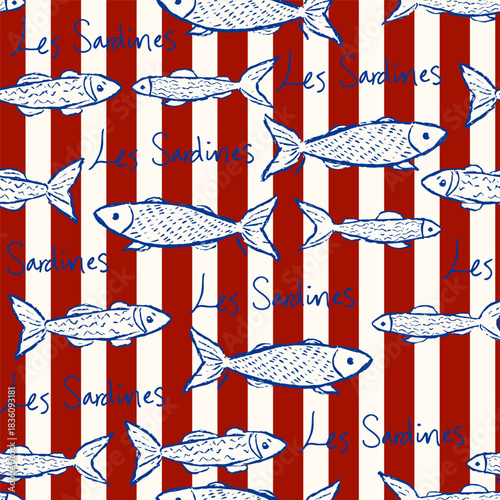 Fish Seamless Pattern in Hand Drawn Sketch Style. Sea Wallpaper Template Design for Prints, Patterns, Fabric. Fish Sardines Minimalist Art Line Wallpaper Design. Vector Illustration