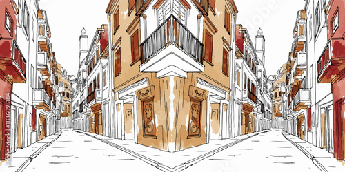 City Landscape Watercolor Sketch Drawing. City Buildings Modern Hand Drawn Vector Art. Abstract Drawing of City Houses for Travel Design, Social Media, Wallpaper.