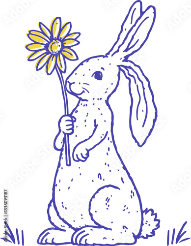 Easter Bunny with Flower Line Art Vector Background. Cute Easter Rabbit Minimalist Contour Drawing. Spring Illustration Contemporary Line Art Sketch Style for Greeting Card, Wall Art, Wallpaper, Home 