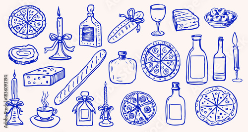 Chalk Sketch Line Art Style Simple Illustrations Set. Creative Trendy Food and Drinks Print Design. Hand Drawn Ink Linear Elements. Party Collection for Poster, Invitation, Picnic Design. Vector 