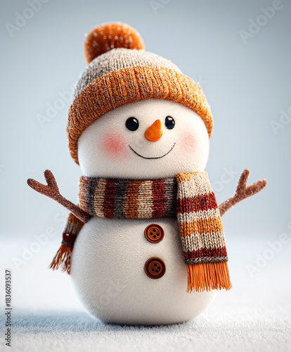 3D snowman with orange knit hat and striped scarf raising arms