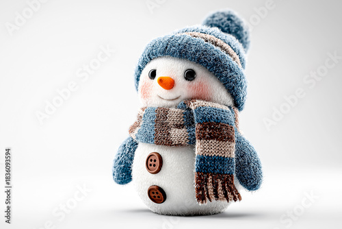 3D snowman in blue knit hat and scarf isolated on white