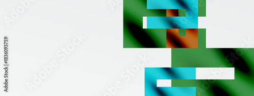 Abstract gradients dominate image. Green, teal, orange hues blend. Rectangular shapes suggest digital elements, possibly interface components. Minimalist design.