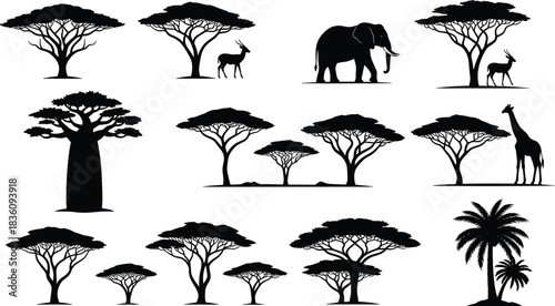 African savanna tree and wildlife silhouette collection vector illustration, acacia and baobab landscape design with elephant, giraffe, antelope, palm trees for nature and safari themes