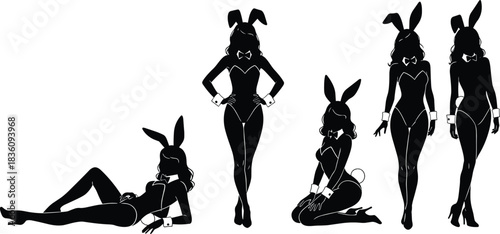 Bunny Girl Costume Black Silhouette Vector Set, Five Different Poses of Women in Leotards with Rabbit Ears, Playful Fantasy Graphic for Entertainment, Party, or Adult Themed Design Content.