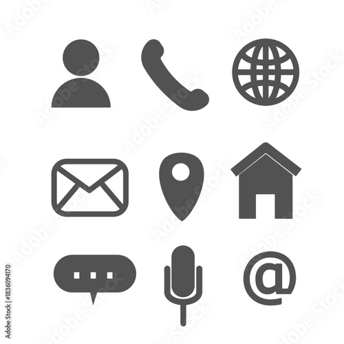 Set of business, communication and web icons.Email, User, Home, message, location, microphone, web and phone.Symbols for website or app.Sign, symbol, icon and logo.Flat design.Vector illustration.