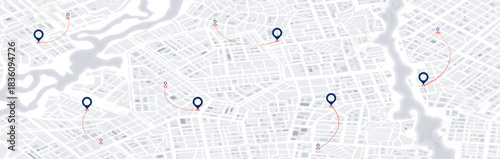 Blue pins and curved routes on city map plan. Urban panorama navigation background. Vector illustration.