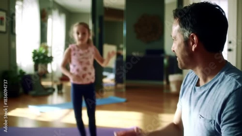 Father watches daughter practice yoga indoors during the day