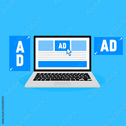 Digital Advertising on Laptop, aptop screen showing online advertisements with additional ad banners around it