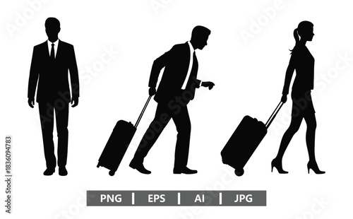 Professional travelers arriving with luggage ready for global business