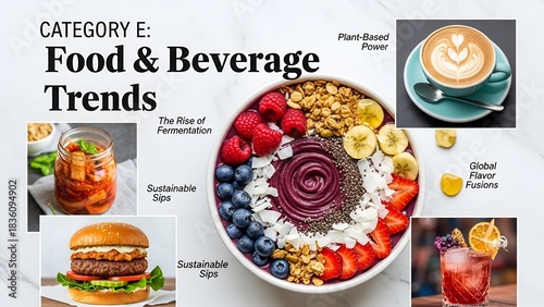 Collage of food and beverage trends, including smoothie bowls, coffee, cocktails, and a burger