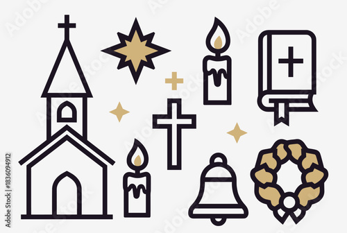 A collection of black and gold line art icons representing various Christian and Christmas symbols, including a church, star, candles, Bible, cross, bell, and wreath.