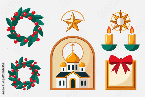 Collection of festive holiday and religious illustrations including wreaths, candles, stars, a church, and a gift box.