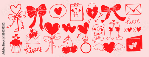 Valentine’s Day doodle clipart set includes a collection of cute hand-drawn love-themed elements such as hearts, bows, keys, envelopes, cupcakes, cherries, champagne glasses, love quotes, and more.
