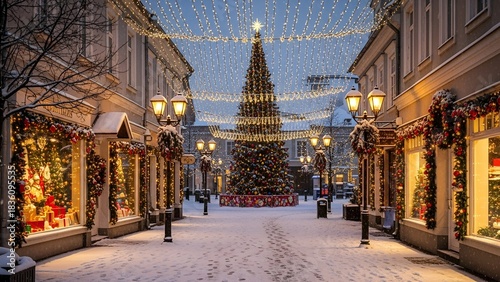 A snowy European street at twilight, decorated with lights and a Christmas tree
