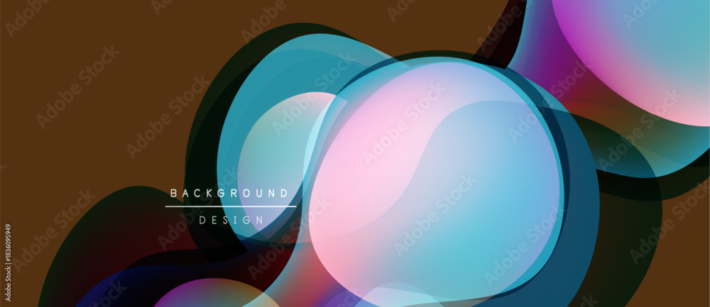 Fototapeta premium Abstract shapes overlap, creating vibrant color gradients. Brown backdrop complements translucent circles, curves, modern design elements.