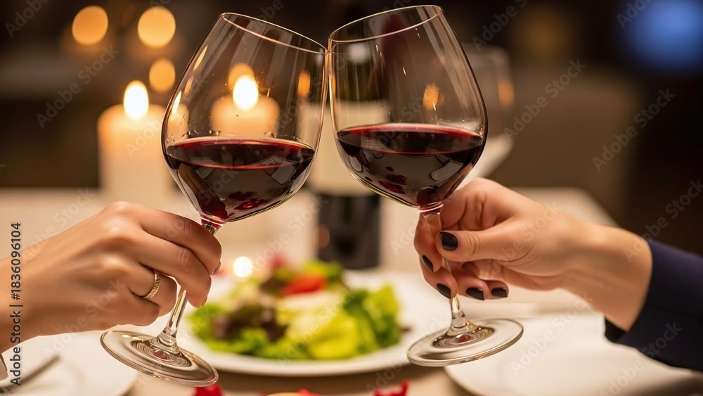 Obraz premium Romantic evening toast with red wine and candlelight celebrating a special occasion together