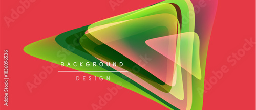 Abstract design features overlapping translucent shapes. Green, yellow hues contrast with coral background. Text reads background design. Modern, vibrant composition.