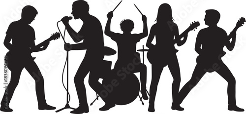 PrintSilhouette of a rock band performing on stage with instruments