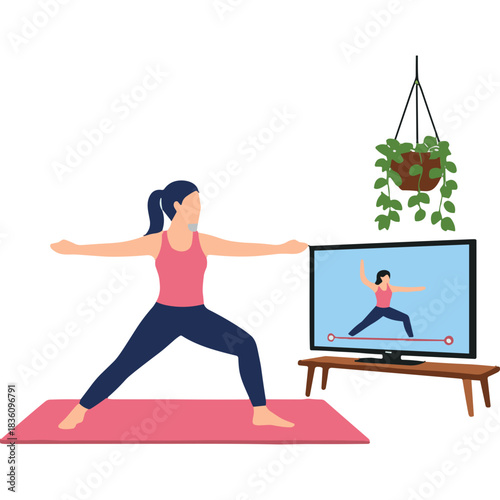 Woman Practicing Warrior II Pose Following Online Yoga Class on Television Screen Indoors with Hanging Plant and Pink Mat