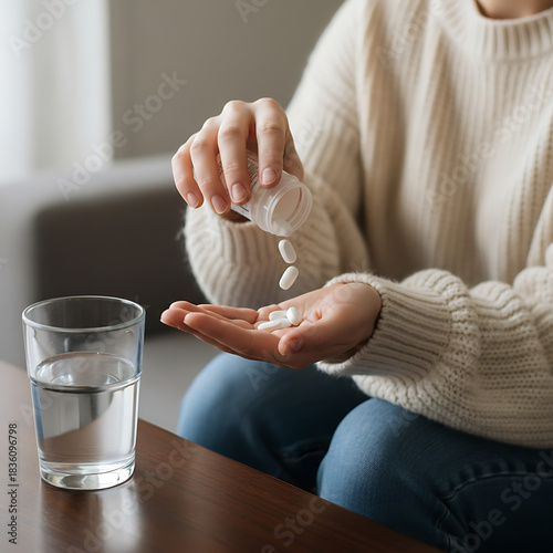 Sick asian young woman, girl holding tablet pill on hand pouring drug from medication bottle, painkiller medicine from stomach pain, head ache, pain for treatment, take drug vitamin,Health, Medicine, 