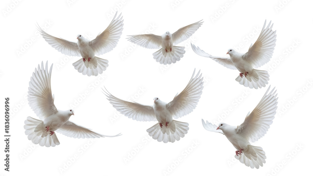 Obraz premium Flock of white doves flying PNG isolated on transparent background, symbol of peace and freedom for wedding and religious design