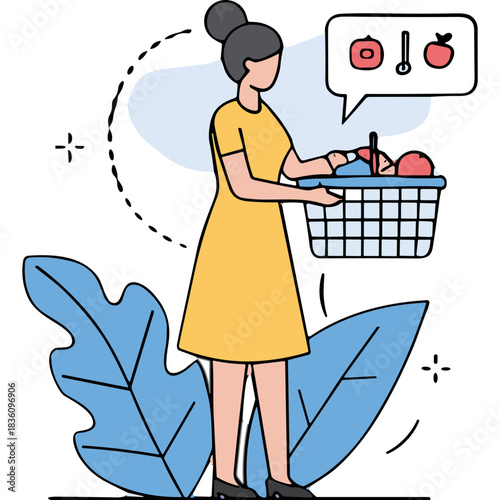 Woman In A Yellow Dress Carrying A Basket Full Of Apples And Other Fruits With A Thought Bubble Above Her Head Showing Food Items In A Simple Modern Illustration Style