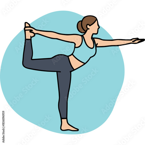 Woman in Blue Tank Top and Dark Gray Leggings Performing Dancer Pose Yoga Balancing on One Leg Against Light Blue Circular Background
