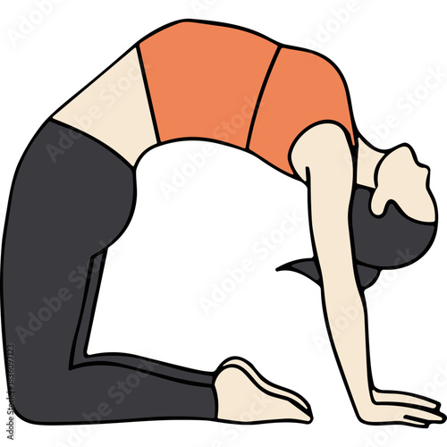 Woman in Orange Top and Grey Leggings Performing Camel Pose Yoga on Black Background with Natural Lighting and Minimalist Design