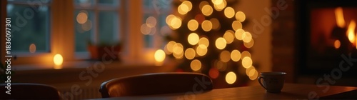 Table with a cup of coffee on it in front of a christmas tree