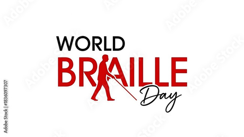 World Braille Day Typography with Red Silhouette of Person Walking with Cane.