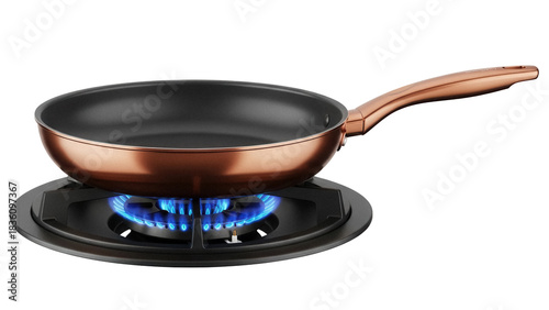 фотографія Copper frying pan on gas stove with blue flame isolated PNG, cookware for cookin