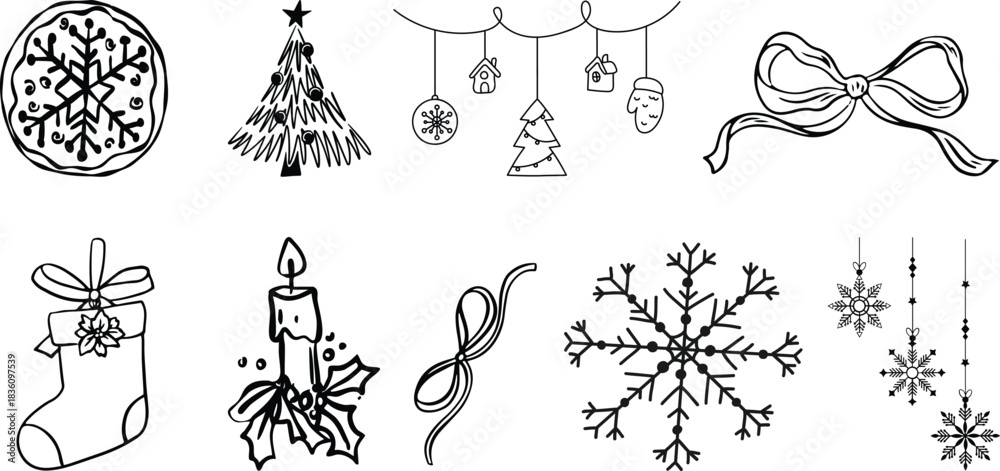 Obraz premium Winter whimsical christmas tree doodle sketch vector illustration. Holiday line art simple party decoration for new year. Minimalist snowflake outline set.Set of hand-drawn Christmas tree doodles