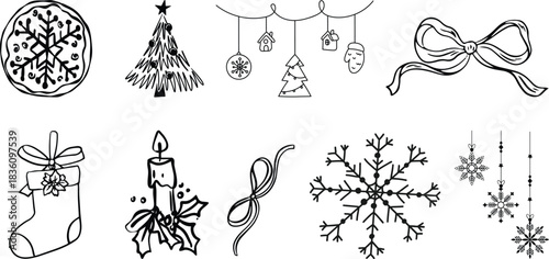 Winter whimsical christmas tree doodle sketch vector illustration. Holiday line art simple party decoration for new year. Minimalist snowflake outline set.Set of hand-drawn Christmas tree doodles 