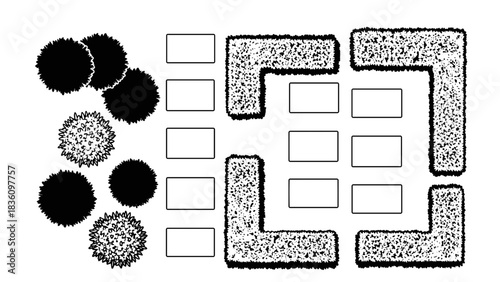 Overhead view of a garden layout with trees, bushes, and rectangular planting beds.