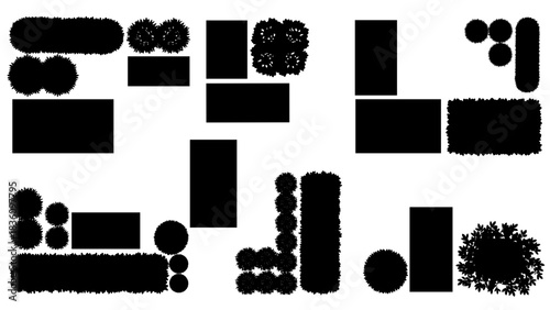 Overhead view of a garden plan with various plants and structures in silhouette.