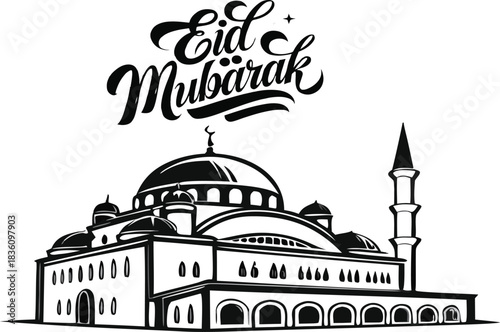 Eid Mubarak typography text with vector illustration of mosque in istanbul vector 