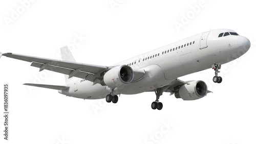 Modern white passenger airplane isolated PNG on transparent background, commercial aviation aircraft for travel and transportation industry