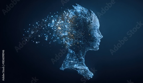 Futuristic profile, formed from blue light particles, dissipating with energy