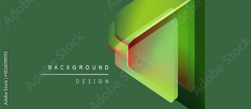 Abstract geometric shapes overlap, creating layered effect. Green hues dominate design, suggesting depth, modernity. Minimalist style.