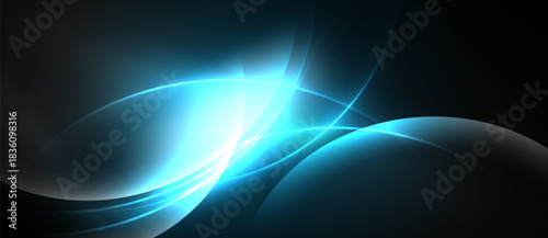 Abstract design features flowing curves, bright light, dark background. Smooth gradients create dynamic visual effect.