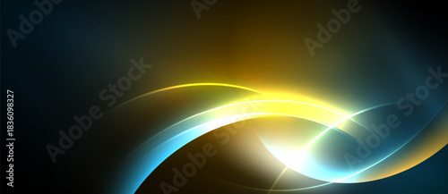 Abstract light streaks form flowing curves. Golden, blue hues blend into dark background. Dynamic energy radiates from central glow.