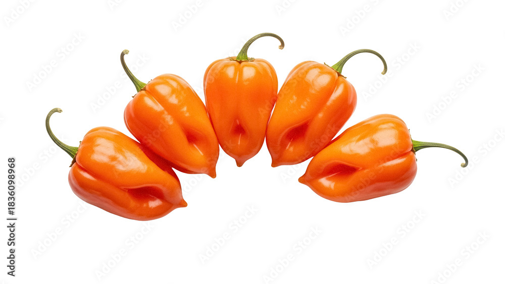 Obraz premium Vibrant orange habanero peppers isolated PNG, hot chili peppers on transparent background for spicy food and cooking concepts